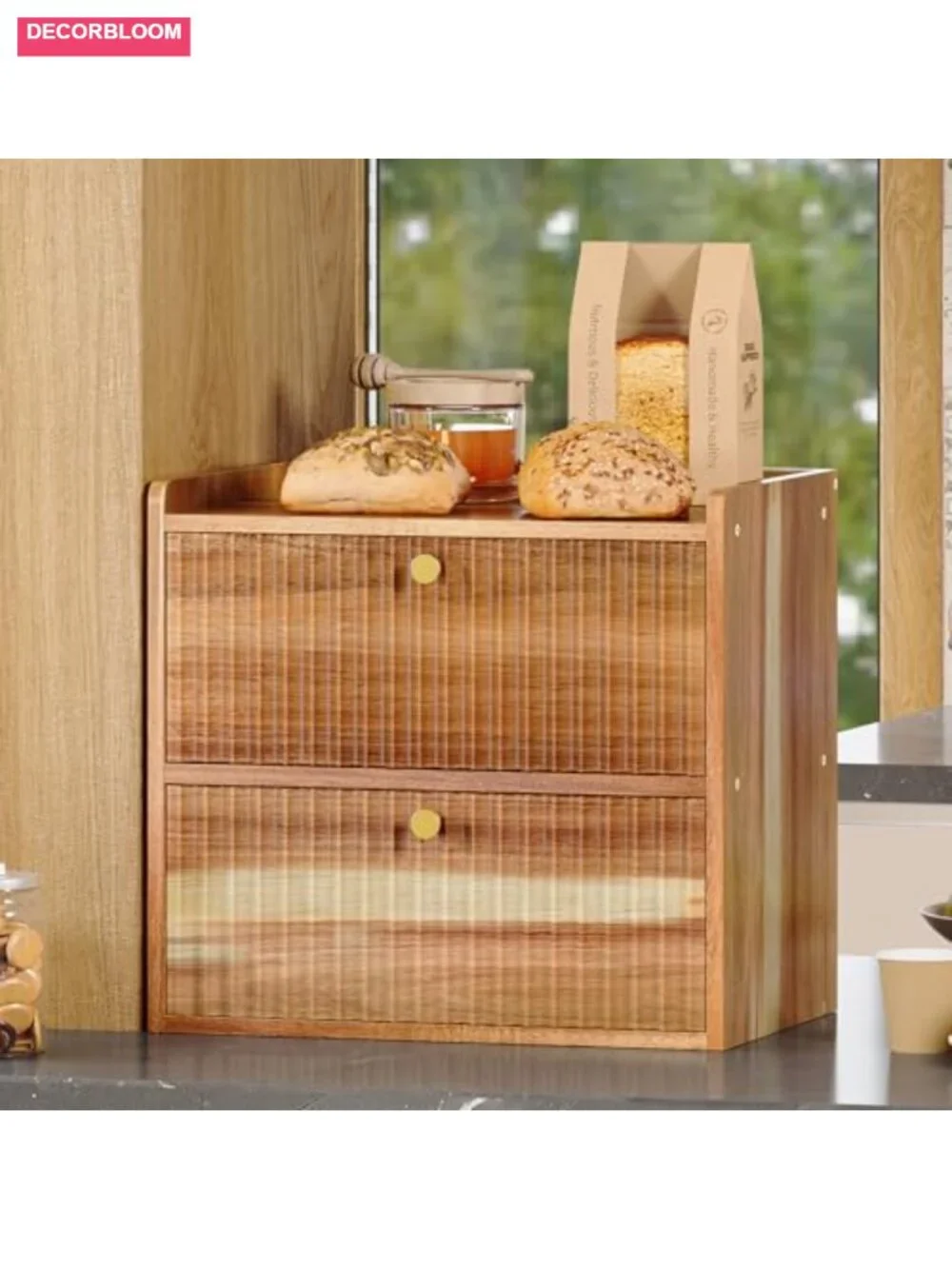 Wood Bread Box Double Layer Farmhouse Kitchen Storage Container Large Capacity